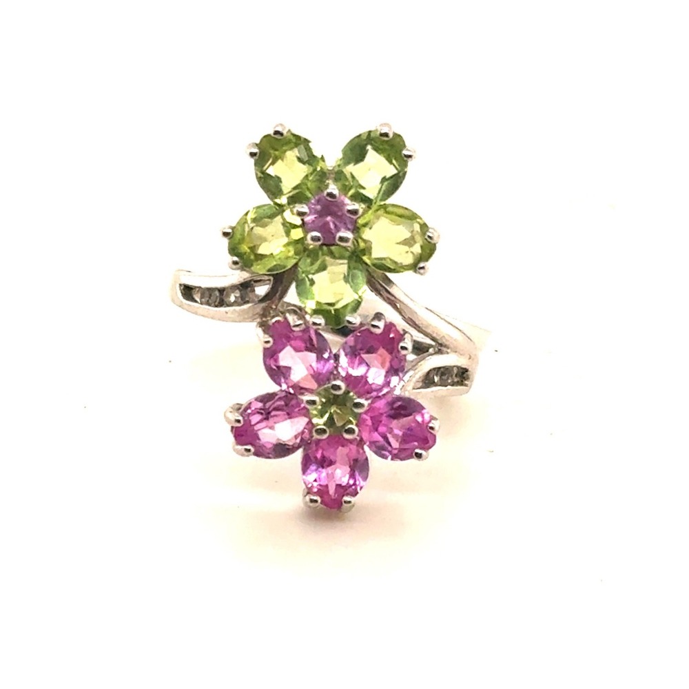 925 Sterling Silver Peridot Pink Gemstone Flower Bypass Ring Size 7